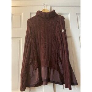 Moncler Womens Cable Knit Hybrid Turtleneck Sweater Burgundy Maroon Wool Poly XL